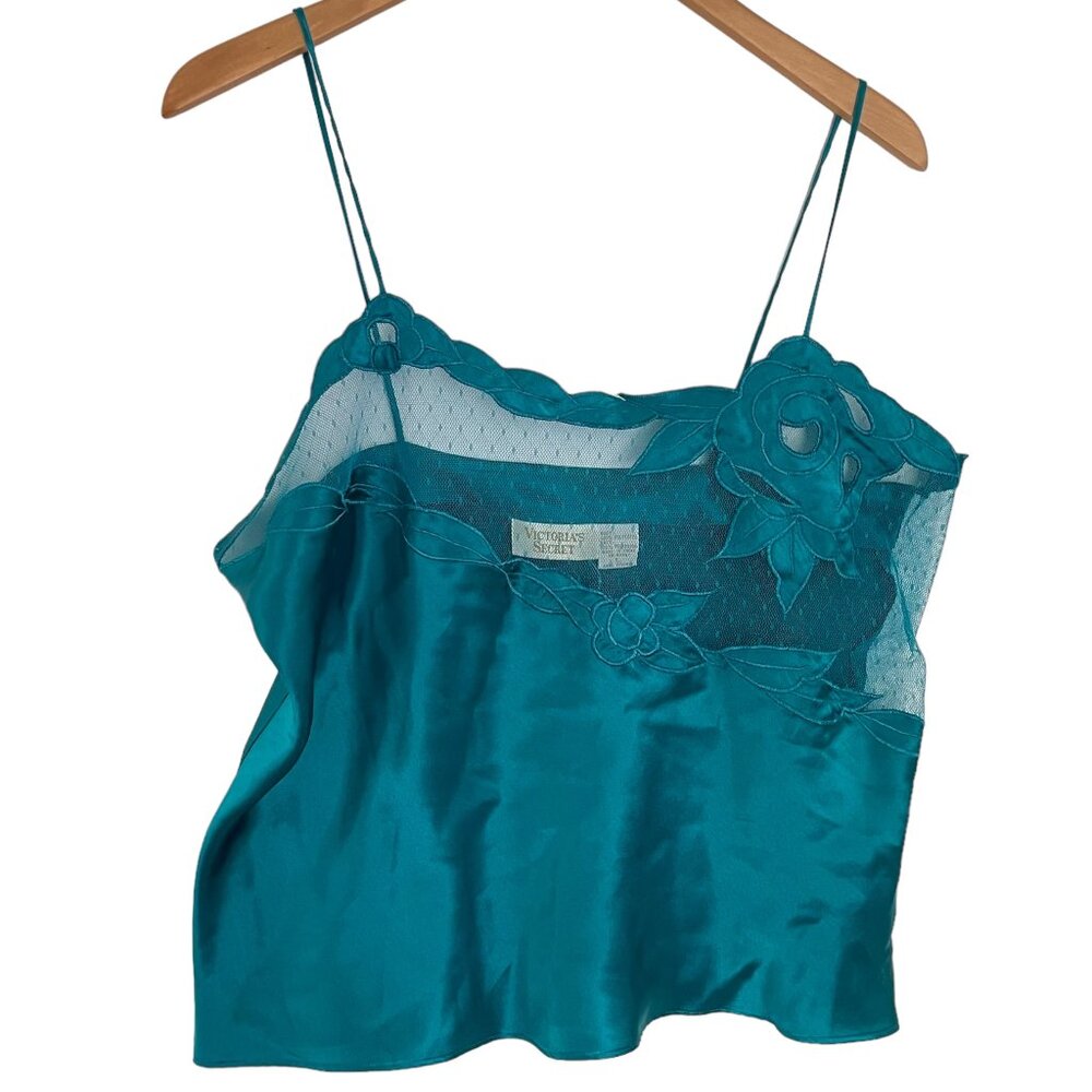 Vintage Victorias Secret Gold Label Cami Tank Top Large L Teal Green Satin Lace